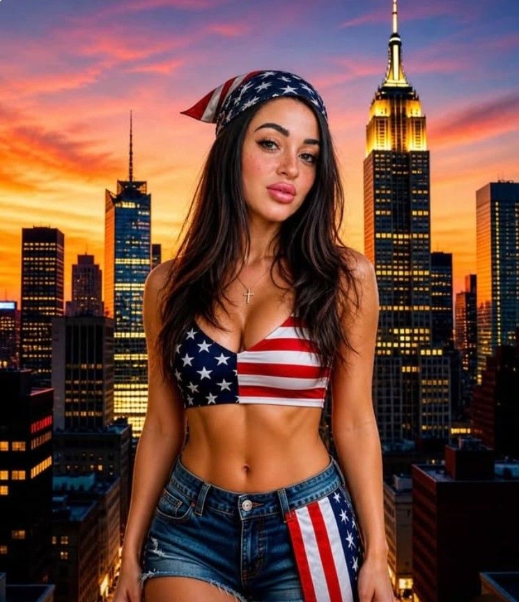 Alana McKanion portrait in New York City skyline wearing American flag outfit modern cultural influencer