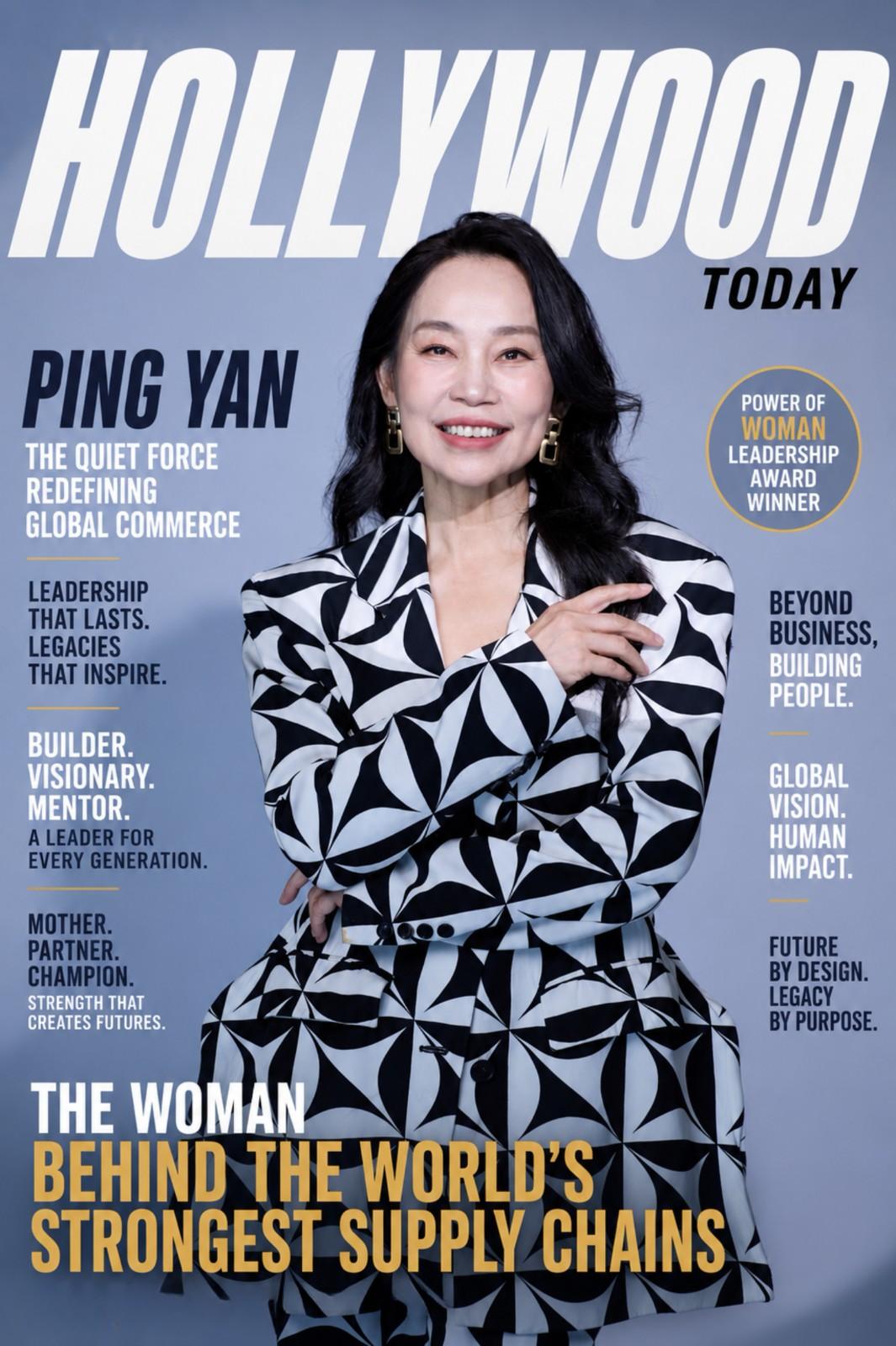 Ping Yan on Hollywood Today magazine cover highlighting global commerce leadership and supply chain innovation